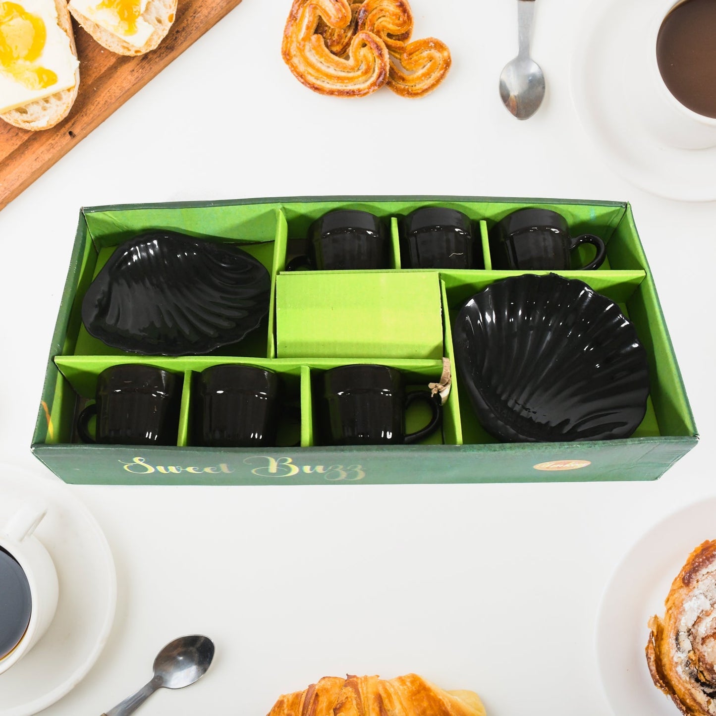 Sweet Buzz Ceramic Tea / cups / Mug Set With Seashell Shape Serving Bowl Milk Cup, Coffee Cup, Tea Cup, Breakfast Cup, Drinking Mug or Outdoor for Household, Gift for Birthday, Wedding Party (8 Pcs set) Your Brand