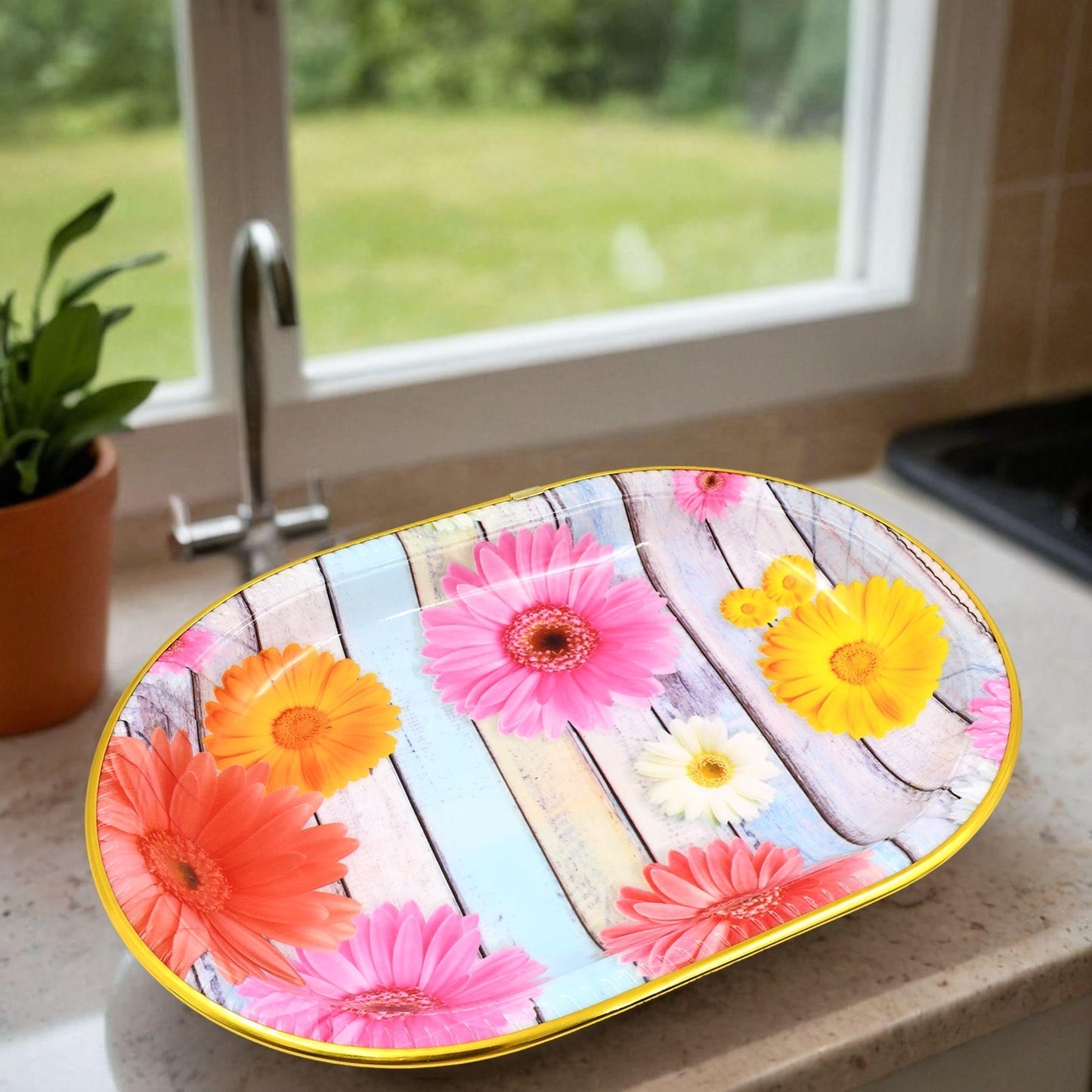 Plastic Flower Printed Design Serving Tray (3 Pcs Set / Mix Color) Your Brand
