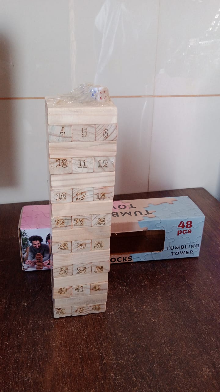 Wooden Tumbling Stacking Tower Game, Zenga tower (48 Pcs Blocks 2 Dices) Your Brand