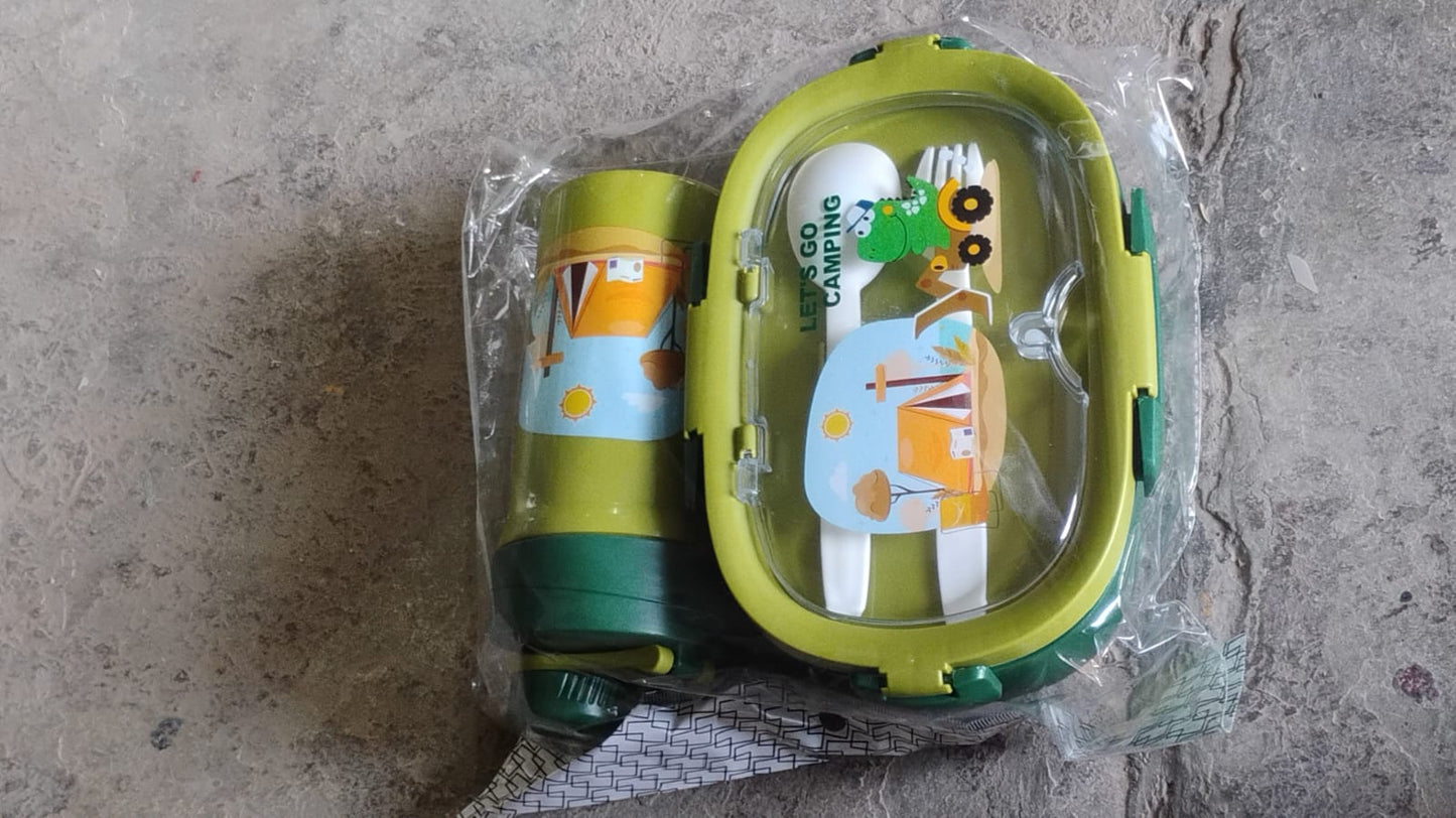 Plastic Lunch Box Leak Proof 3 Compartment with Bottle, Spoon and Fork (1 Set) Your Brand