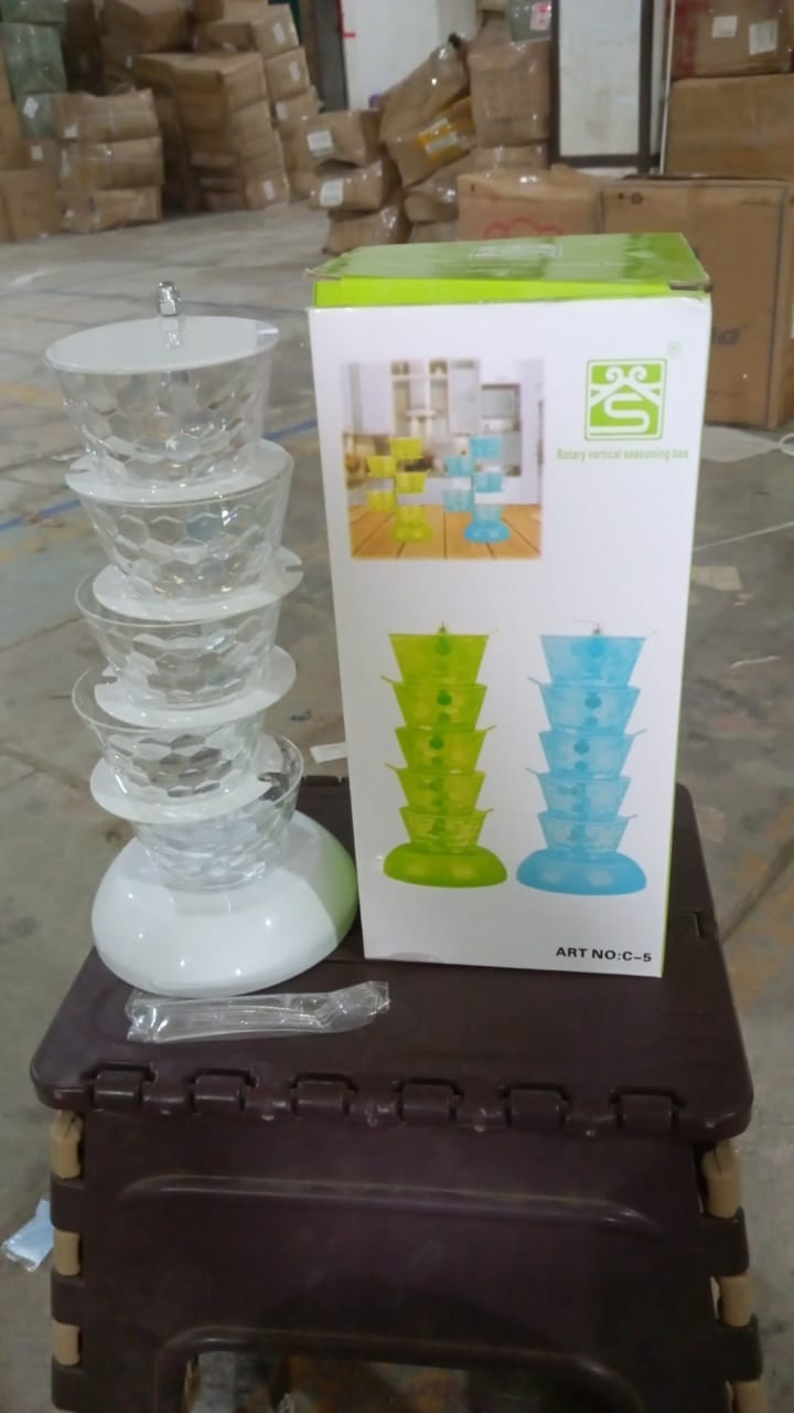 5 Section 360° Rotating Vertical Seasoning Box Plastic Pickle Tower | Spice Rack (5 Layer with 5 Plastic Spoon / 1 Set) Your Brand