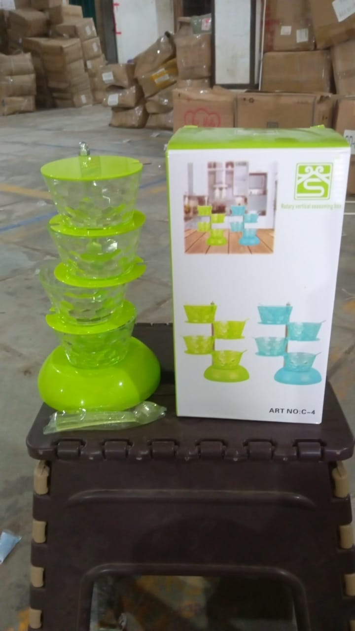 4 Section 360° Rotating Vertical Seasoning Box Plastic Pickle Tower | Spice Rack (4 Layer with 4 Plastic Spoon / 1 Set) Your Brand