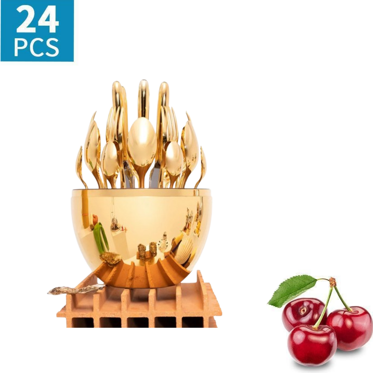 Premium Cutlery Set 24 Pcs with Oval Shaped Stand (Golden / 24 pcs set)