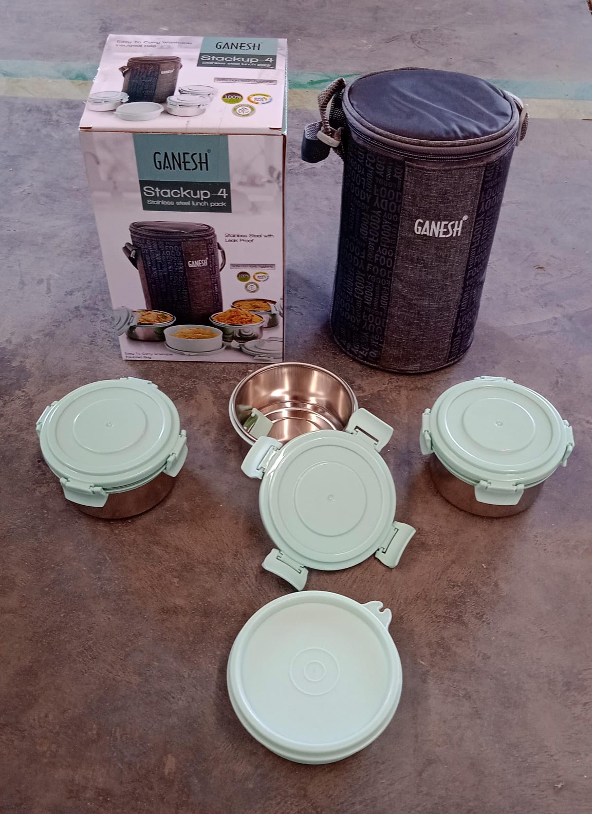 Ganesh 4In1 Tiffin Box-Lunch Box | 3 Stainless Steel Containers 300 Ml Approx & Plastic Salad Container 200 Ml Approx| Plastic lid Box | Round Zip Bag | Leak Proof | Microwave Safe for Office, College and School for Men, Women Your Brand