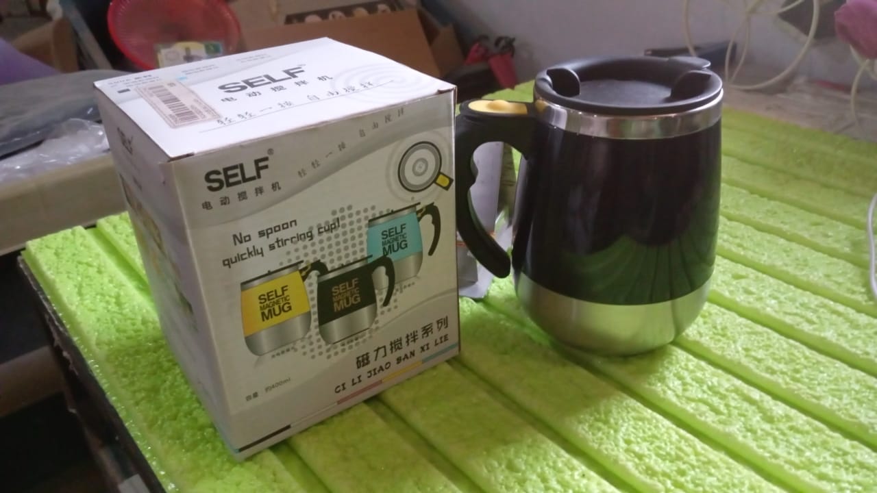 Self Stirring Mug With Lid used in all kinds of household and official places for serving drinks, coffee, any types of beverages etc. (1 Pc / 400 ML) Your Brand