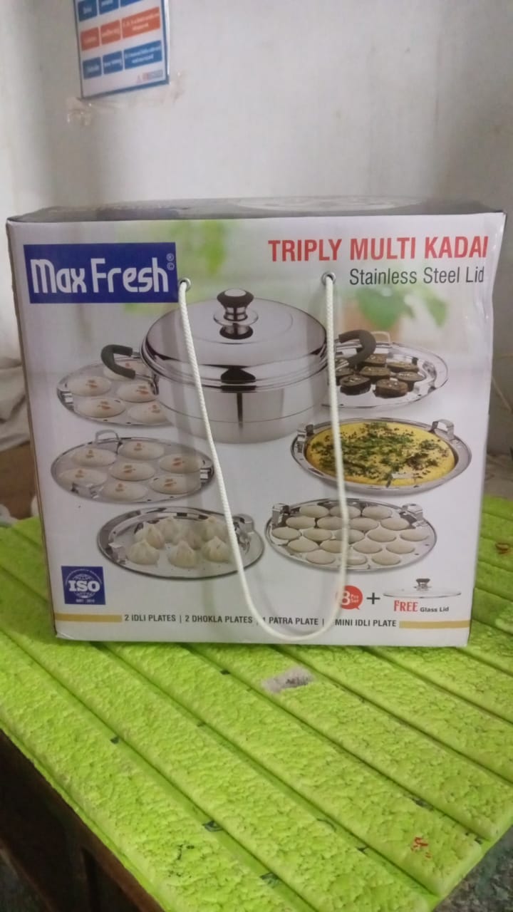 Stainless Steel Triply Multi Kadai idli, dhokla, Patra, Mini idli plates, kadai with Lid (8 Pcs Set / Free Glass Transparent Lid) Your Brand