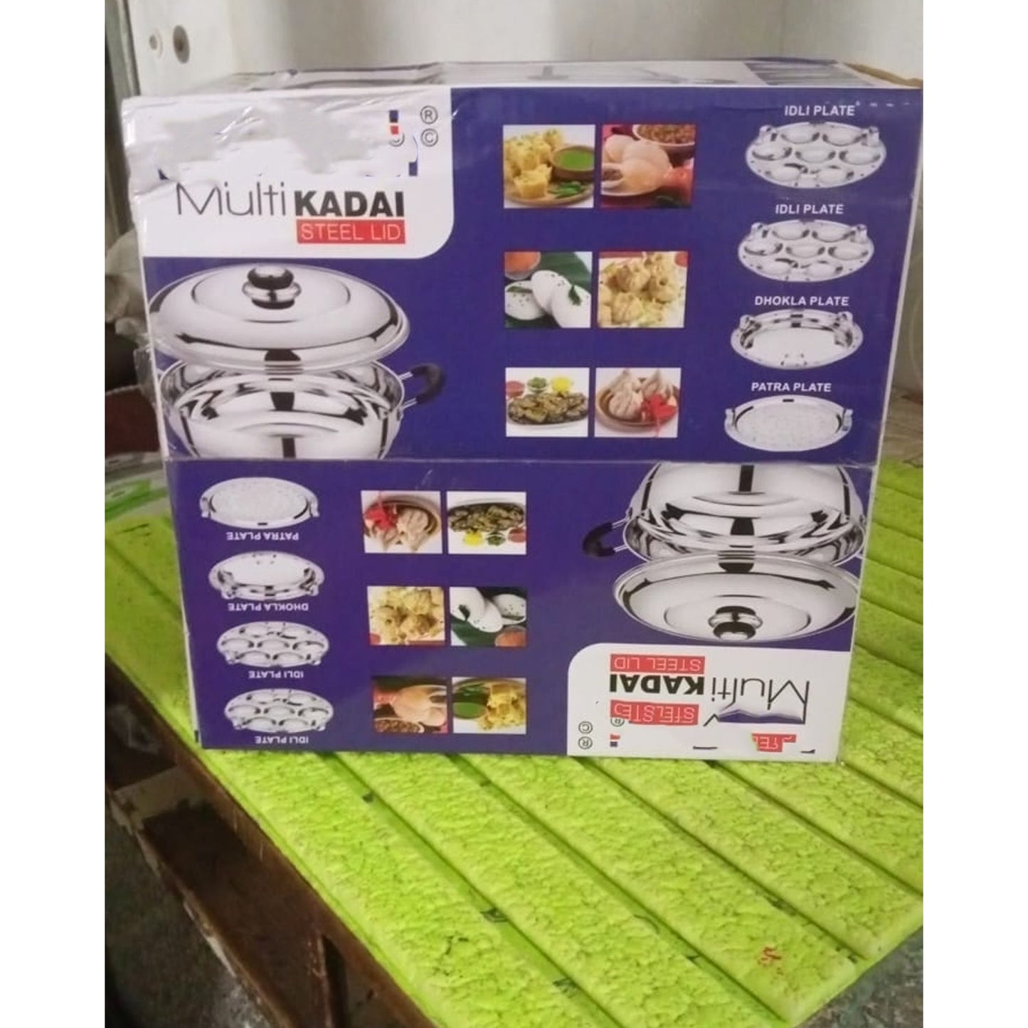 Stainless Steel Multi Kadai with 4 Plates in 1, 2 idli plates, 1 dhokla Plate, 1 Patra Plate, 1 kadai with 1 Lid (6 Pcs Set) Your Brand