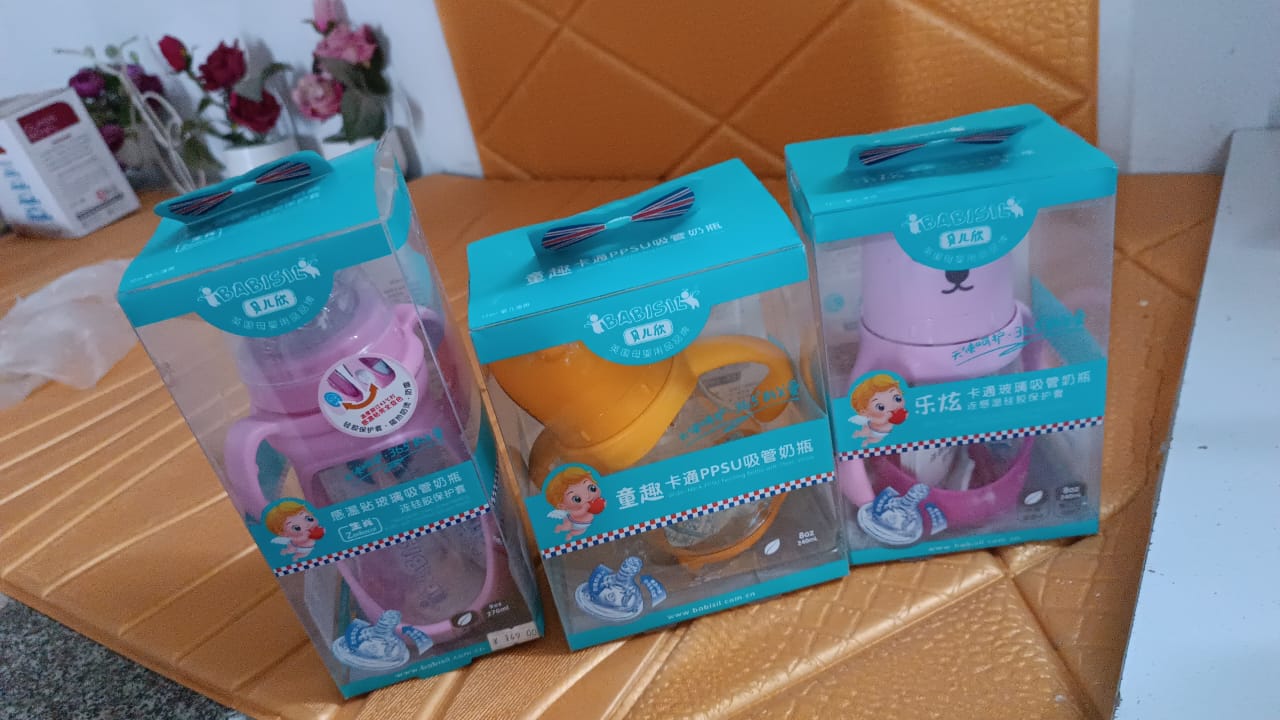 Baby Feeding Bottle with Handles & Straw (Mix Design, Size & Color / 1 Pc) Your Brand