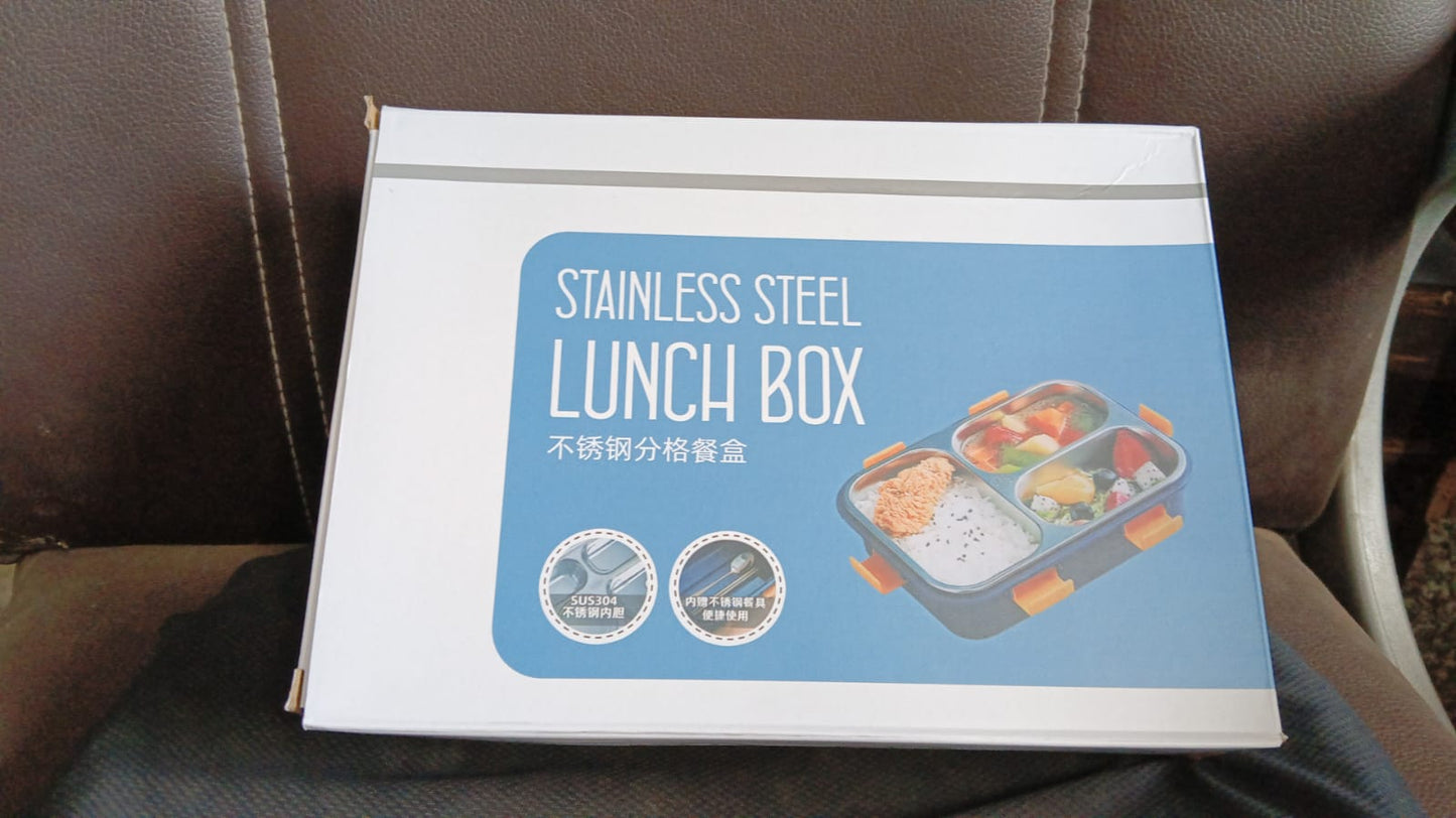 3 Compartment Transparent Stainless Steel Lunch Box with a Spoon and a Pair of Chopsticks (1 Set) Your Brand