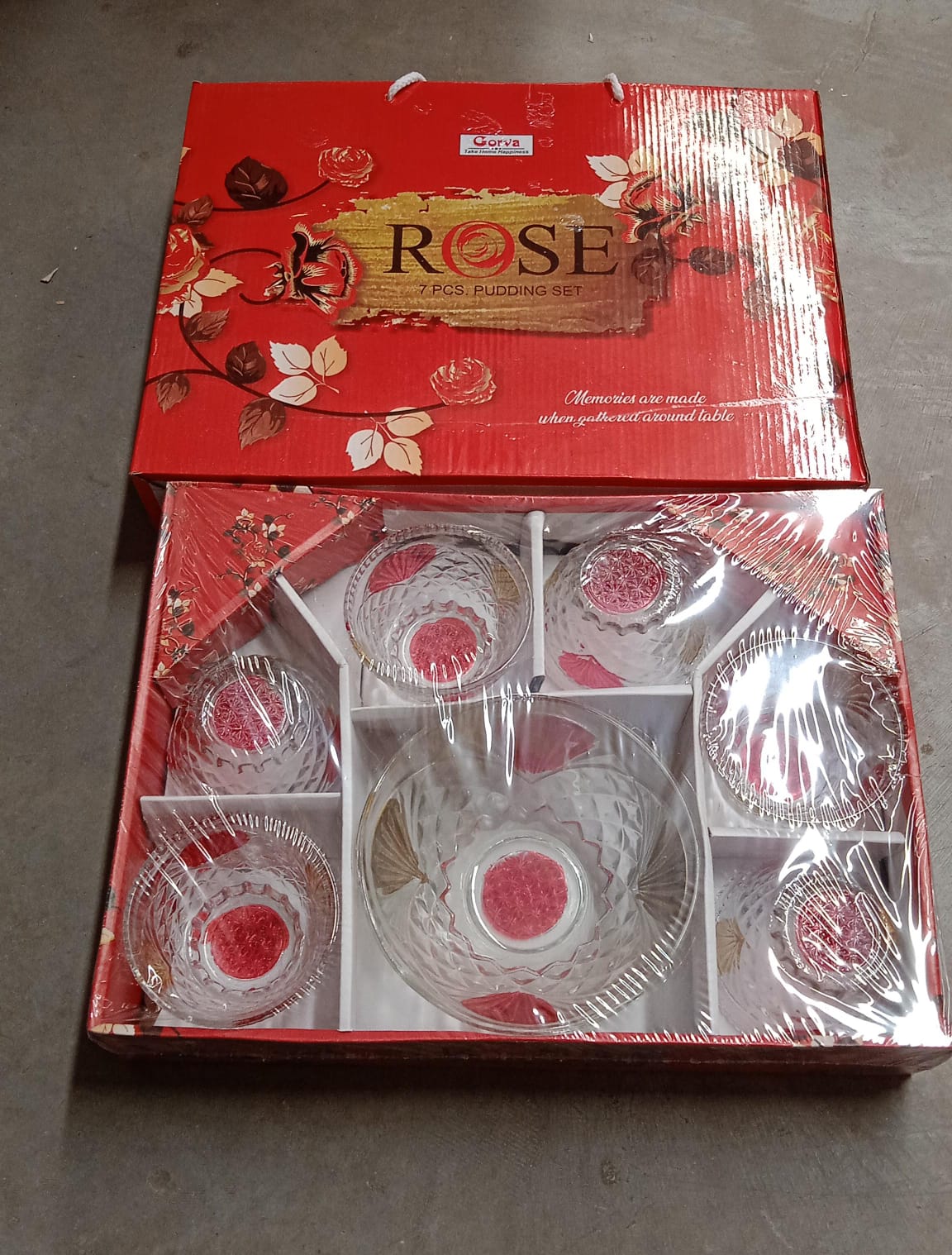 Rose glass Multipurpose Pudding / Dessert / Ice Cream Bowl Set for Home use, Home & Kitchen Serving Bowl for Sundae, Sweets, Snacks, Fruit, Pudding, Nuts or Dip, Serving Bowls 6 Medium & 1 Big Bowl (Set of 7 pc) Your Brand