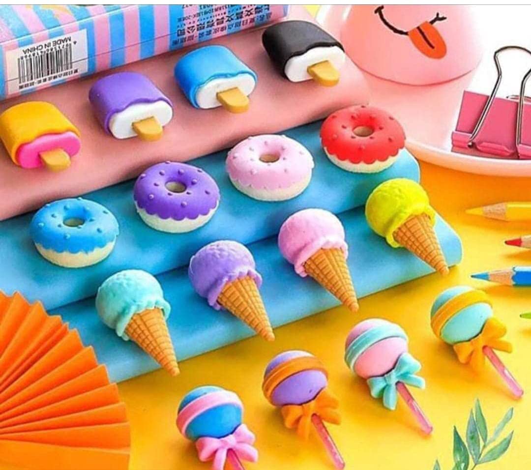 Cone / Donut / Lolipop / Ice cream / Eraser for Girls & Boys / Eraser for School B'Day Return Gift Party Doughnut Lollipop Ice Cream Theme Shape Erasers Set for Kids Educational Stationary kit, School Supplies (1 Set 4 Pc) Your Brand