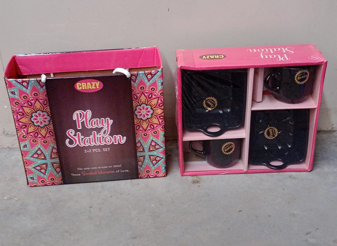 Play Station Ceramic Tea / cups / Mug Set With Handle Serving Bowl Milk Cup, Coffee Cup, Tea Cup, Breakfast Cup, Drinking Mug or Outdoor for Household, Gift for Birthday, Wedding Party (4 Pcs set) Your Brand