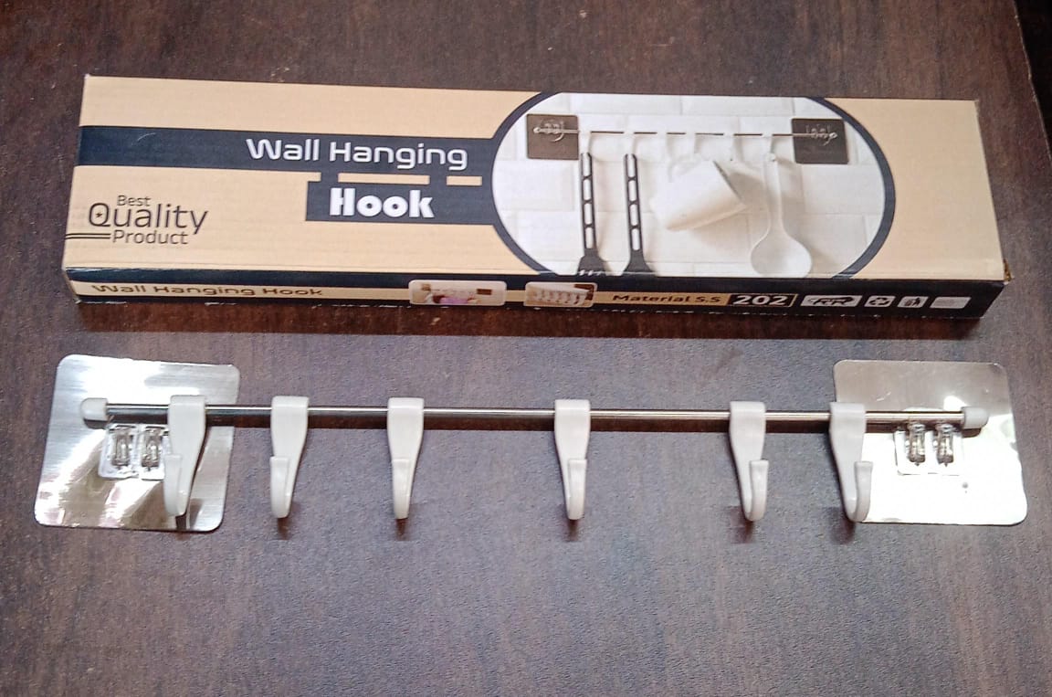 Stainless Steel Utensil Hanger Rail Nail Free Wall Mount with 2 Magic Stickers & 6 Plastic Hooks For Kitchen Your Brand