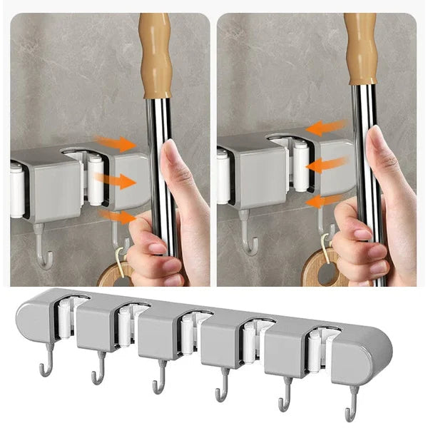 6 Slot & 6 Hook Wall Mounted Holder For Mop, Broom, Kitchen, Garden shopbyte