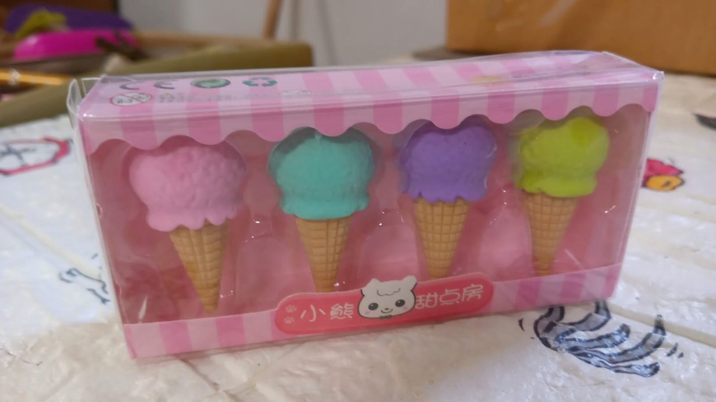 Cone Eraser for Girls & Boys / Eraser for School B'Day Return Gift Party Doughnut Lollipop Ice Cream Theme Shape Erasers Pencils Set for Kids Educational Stationary kit, School Supplies (1 Set 4 Pc) Your Brand