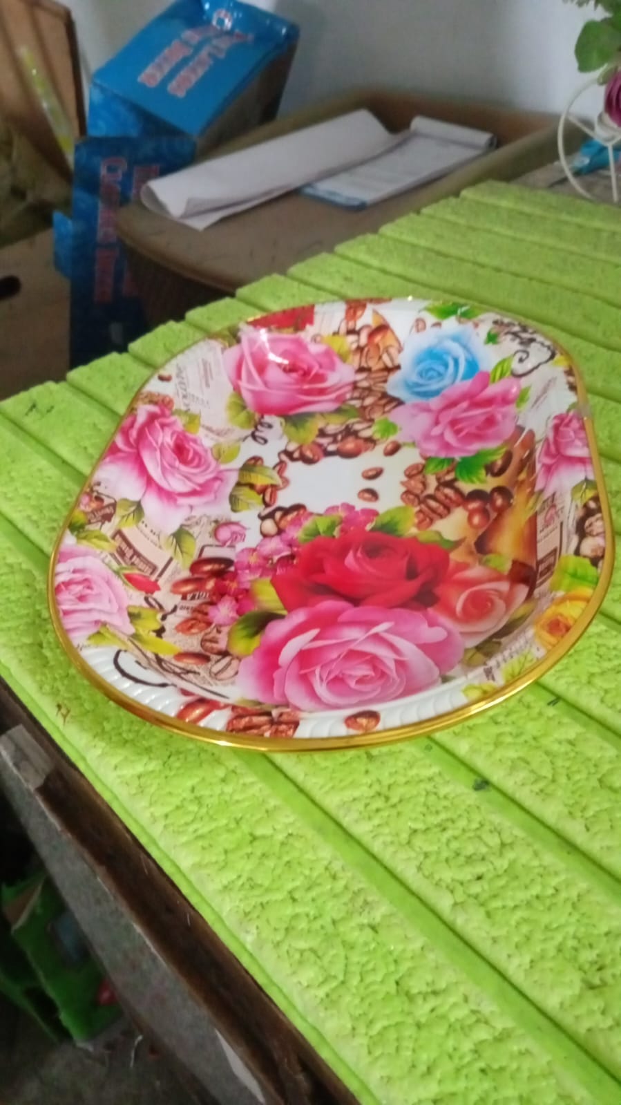 Big Plastic Flower Printed Design Serving Tray (1 Pc / 35 x 24 CM / Mix Color) Your Brand