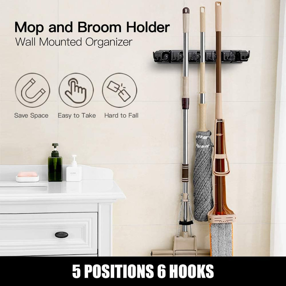 6 Slot & 6 Hook Wall Mounted Holder For Mop, Broom, Kitchen, Garden shopbyte
