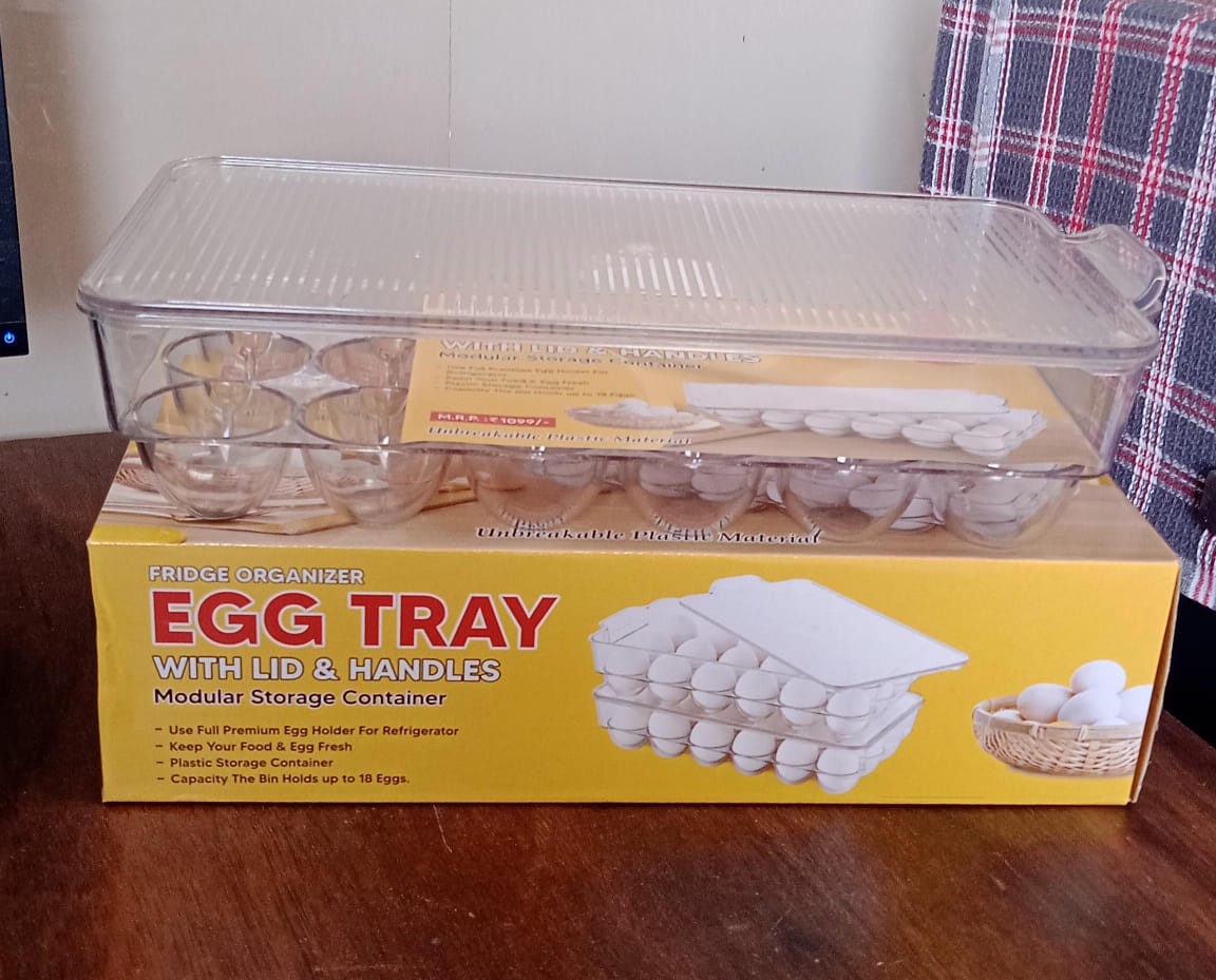 Plastic 18 Cavity Egg Storage Box Or Egg Trays For Refrigerator With Lid & Handles High Quality, Rectangular Egg Tray Box For 18 Egg (1 Pc) Your Brand