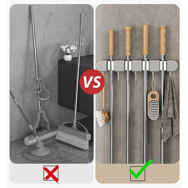 6 Slot & 6 Hook Wall Mounted Holder For Mop, Broom, Kitchen, Garden shopbyte