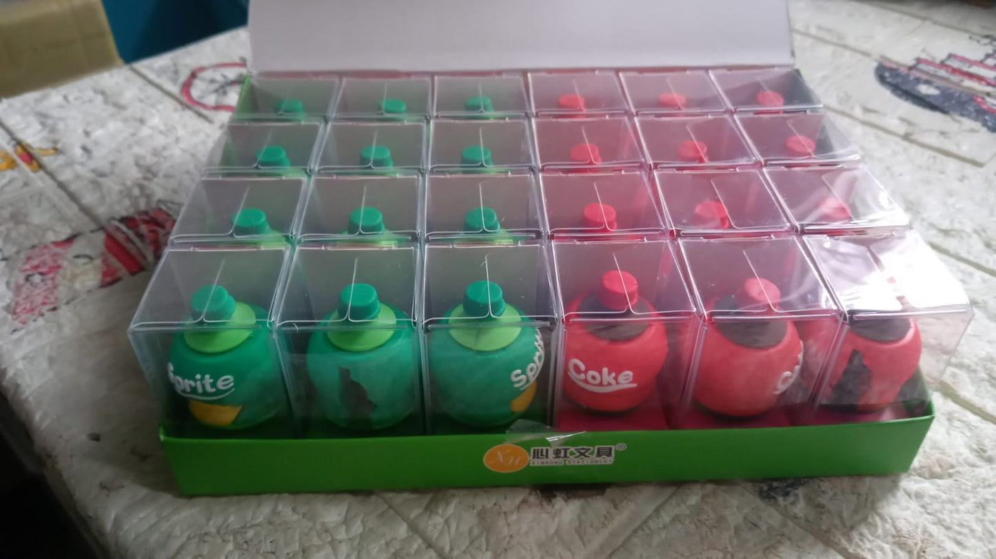 2-in-1 3D Cold Drink Bottle Shape Rubber Pencil Sharpener and Eraser Set, Stationery for Kids School Boys Girls, Birthday Return Gifts (24 Pcs Set ) Your Brand