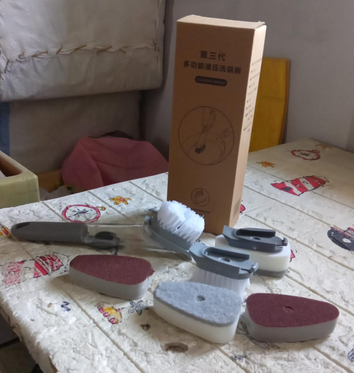 Home & Kitchen Cleaning Brushes, Scrubber, Soap Dispenser Scrub Brush for Pans Pots and Bathtub Sink (5 In 1) Your Brand