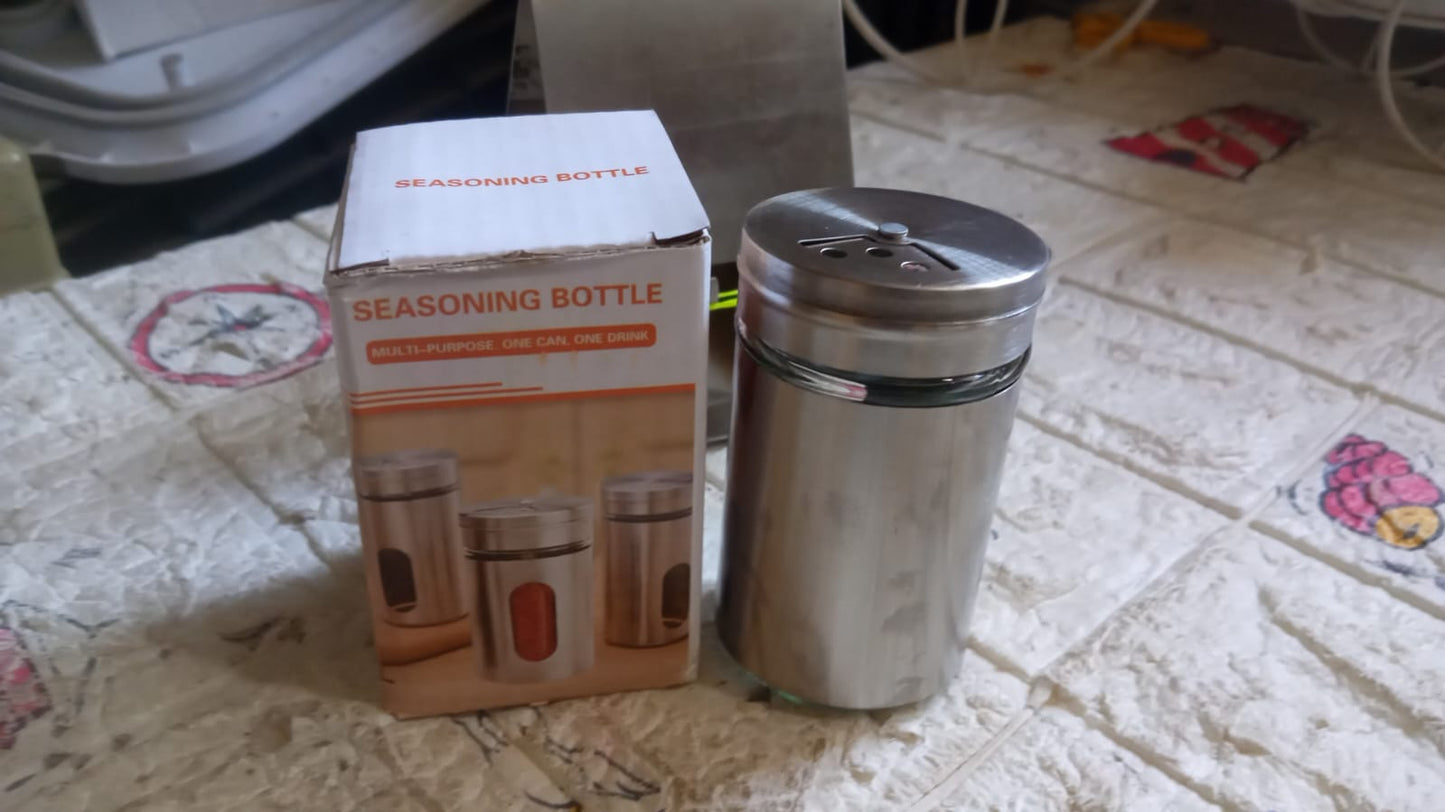 Multi-purpose Seasoning Bottle, Salt and Pepper Shakers Stainless Steel and Glass Set with Adjustable Pour Holes For Home Cooking Picnic, Camping Ration Salt Shakers (1 Pc) Your Brand