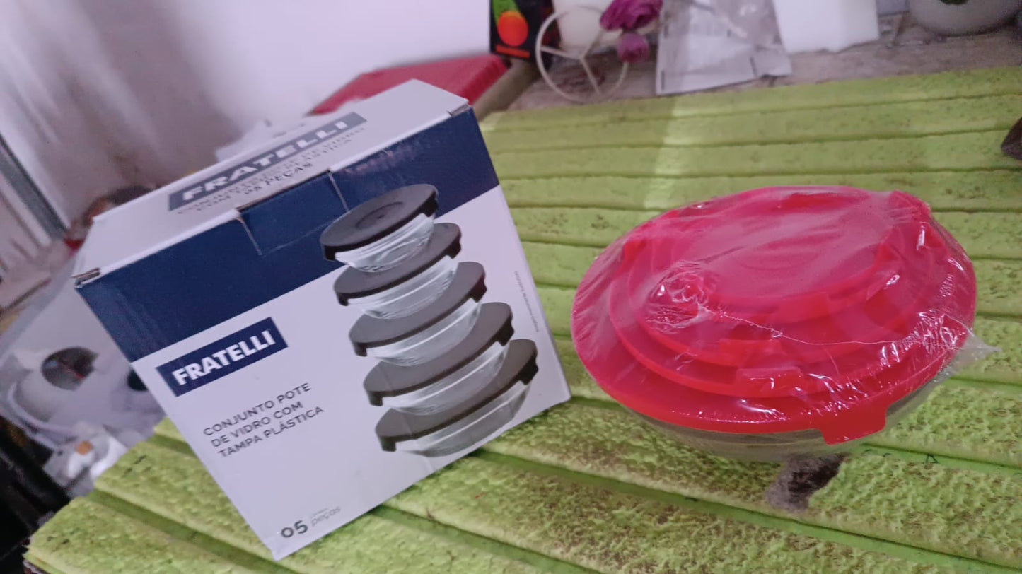 Modern Glass Bowl Set, Mixing / Storage Bowls with Red Lids (5 Pcs Set) Your Brand