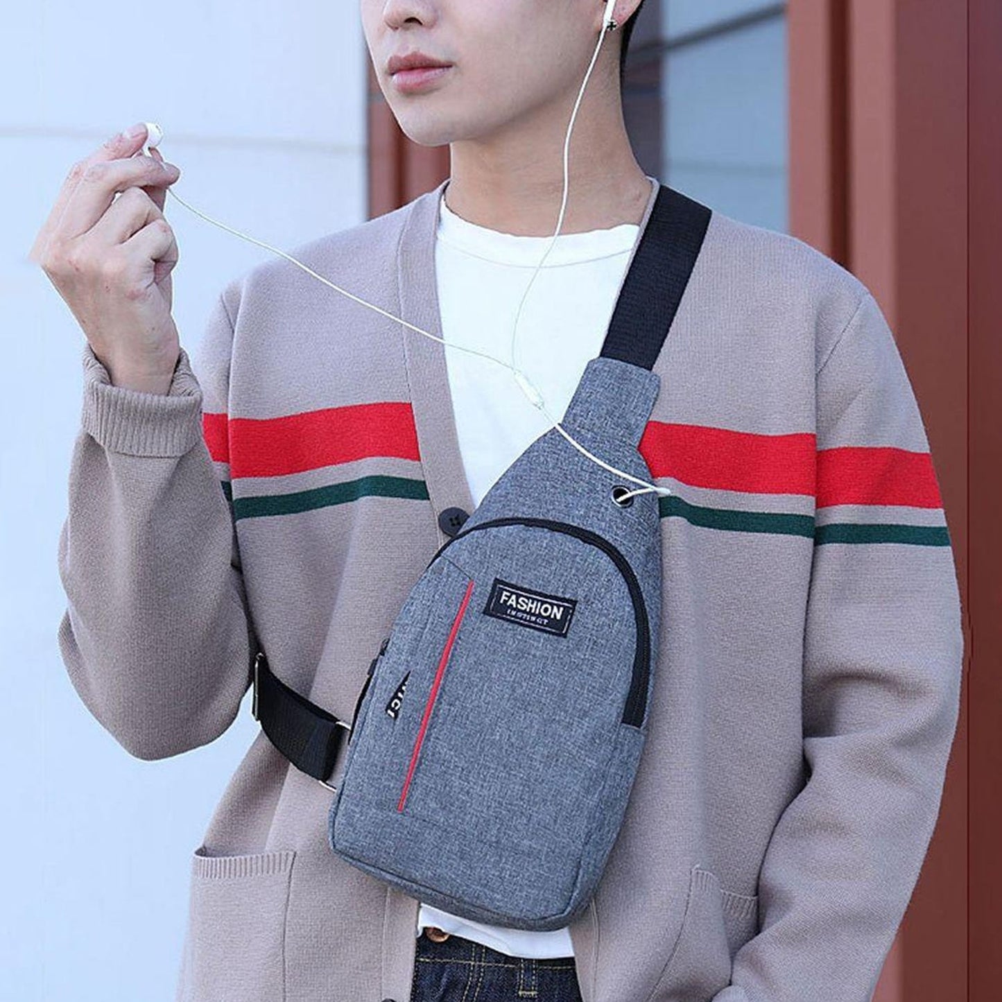 0323 Grey Waterproof Anti Theft Crossbody Fanny Pack Waist Bag Pu Leather Shoulder Bags Chest Men Casual Fashion Usb Charging Earphone Hook Sling Travel Messengers Bag Wukusy