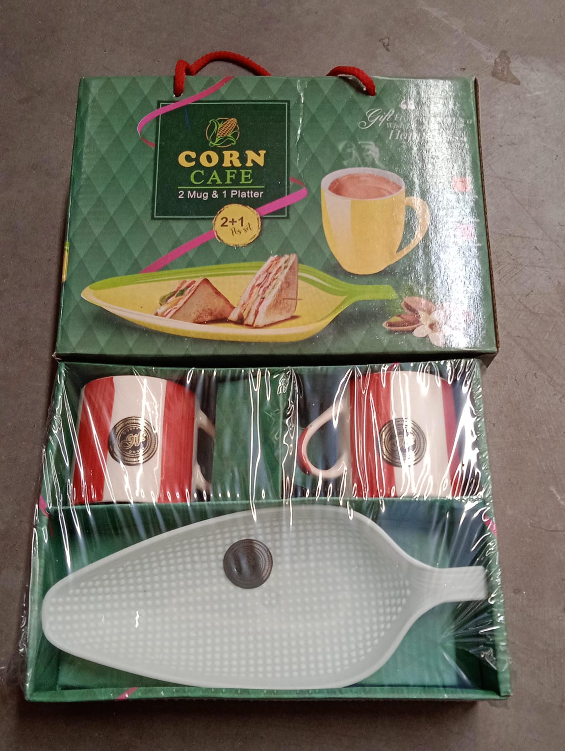 Corn Cafe Ceramic Tea / Cups Set Including Plastic Leaf Shape Serving Platter Milk Cup, Coffee Cup, Tea Cup, Breakfast Cup / Mug, or Outdoor for Household Gift For Birthday (3 Pcs Set) Your Brand