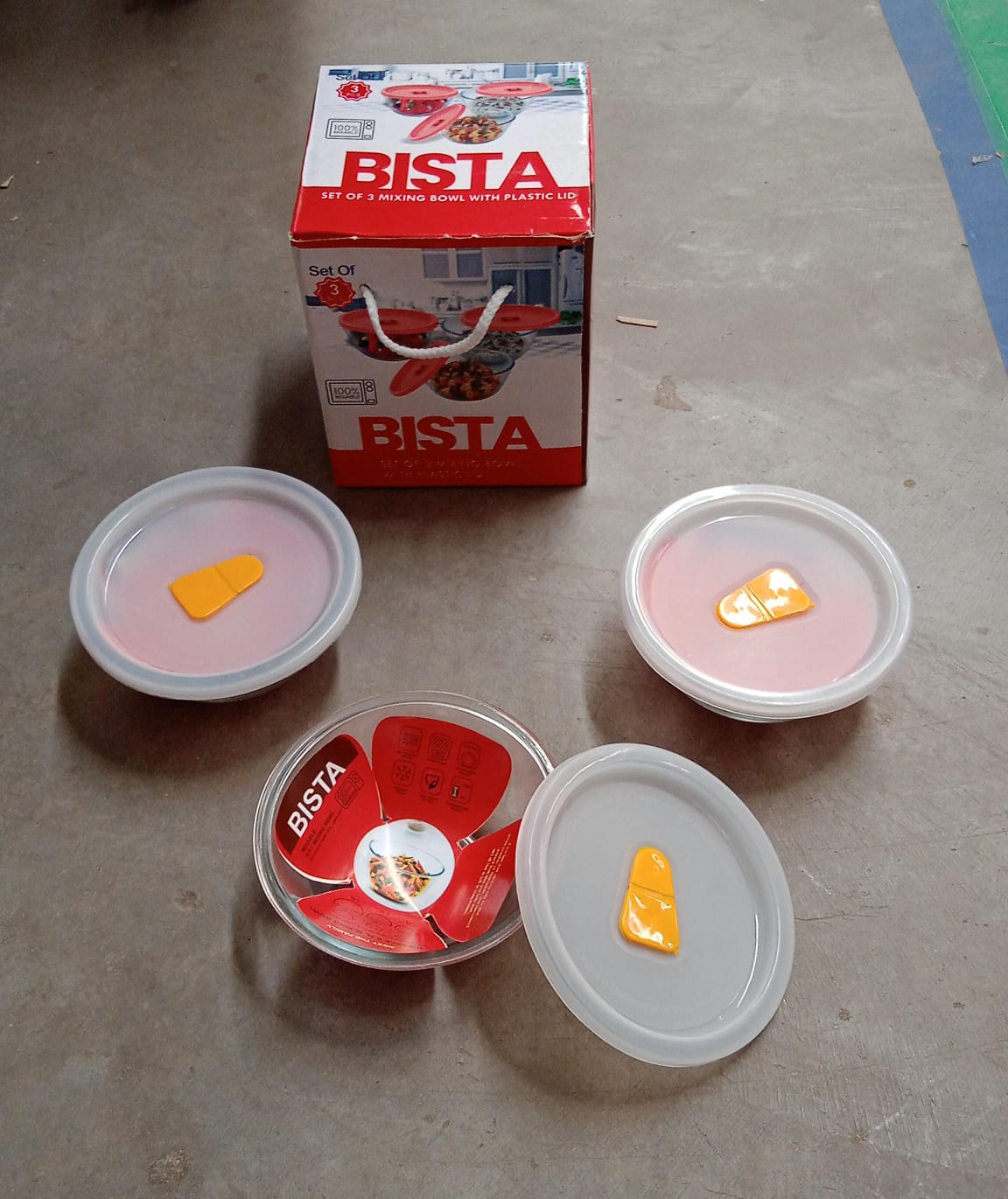 Bista Glass Serving & Mixing Bowls with Plastic Lid | Oven & Microwave Safe & Dishwasher Safe | Scratch Resistant | Transparent | For Household Gift For Birthday (3 Pcs set / 250 ML Approx) Your Brand