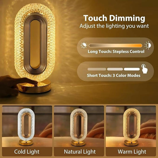 Luxury Crystal Touch Lamp with 3 Color Modes & Dimmable Brightness | Rechargeable LED Bedside Table Lamp for Bedroom, Living Room & Home Décor | Acrylic Diamond Pattern Night Lamp (Warm, Natural & Cool Light)