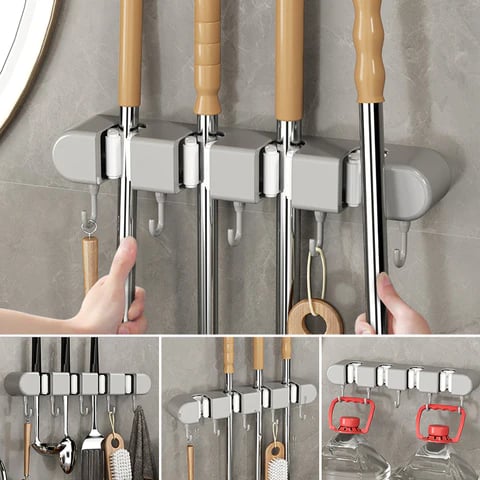6 Slot & 6 Hook Wall Mounted Holder For Mop, Broom, Kitchen, Garden shopbyte