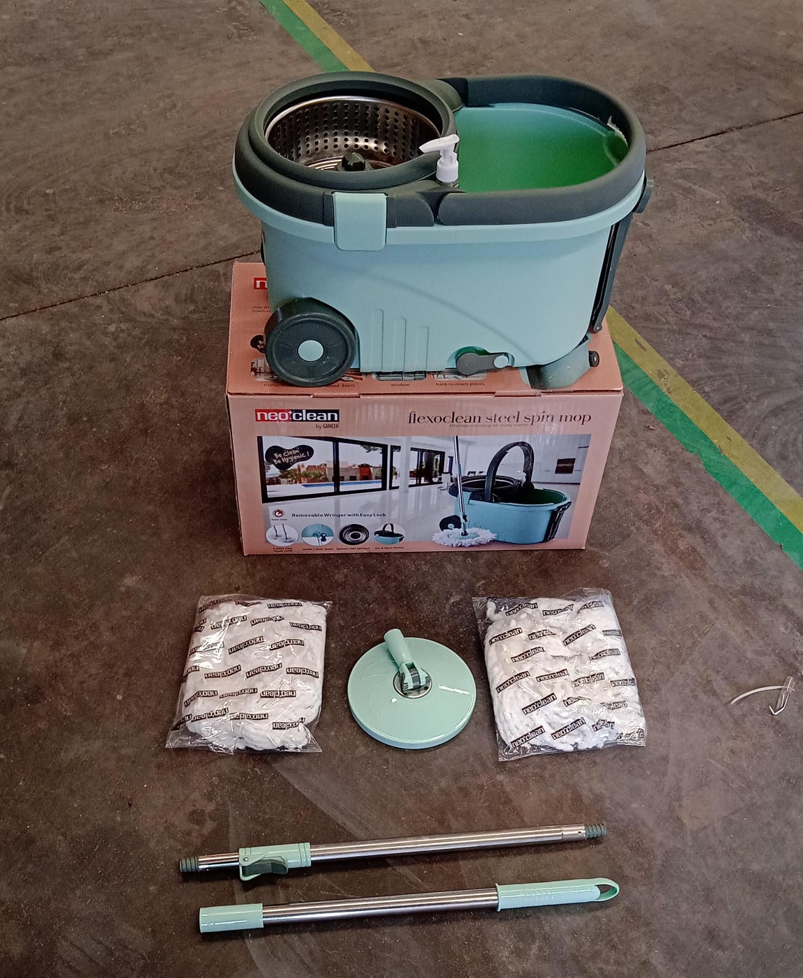 Ganesh Quick Spin Mop Steel Spin, Bucket Floor Cleaning, Easy Wheels & Big Bucket, Floor Cleaning Mop With Bucket, 2 Micro fiber head / Refill Your Brand