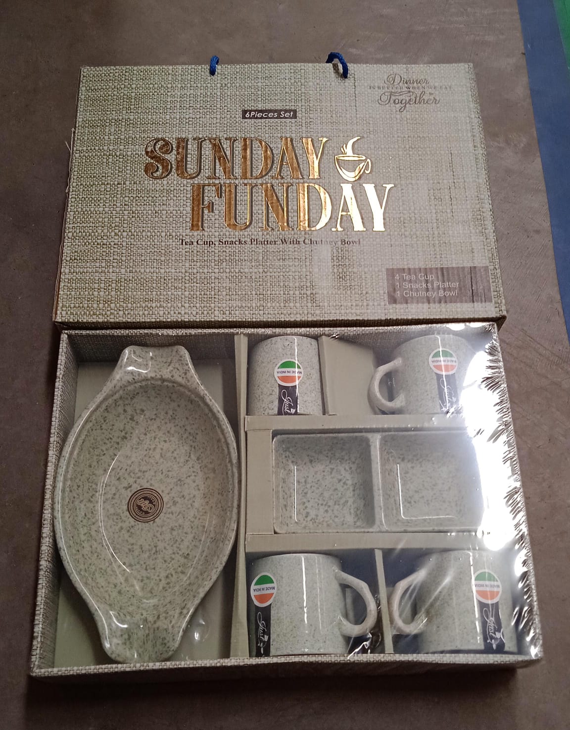 Sunday Funday Ceramic Tea / cups / Mug With Plastic Snacks Platter and 2 compartment Chutney Bowl Milk Cup, Coffee Cup, Breakfast Cup, Drinking Mug or Outdoor for Household, Gift for Birthday, Wedding Party (6 Pcs set) Your Brand