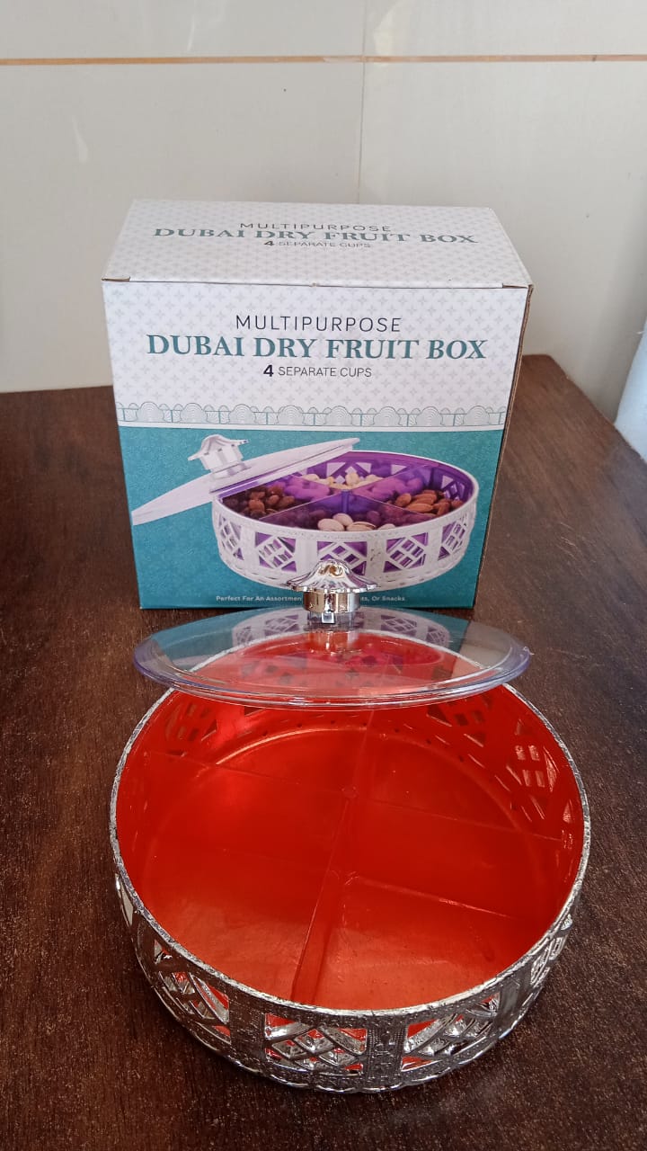 Multipurpose Dry Fruit Box 4 Section Dry Fruit Round Silver Gift Box (1 Pc) Your Brand