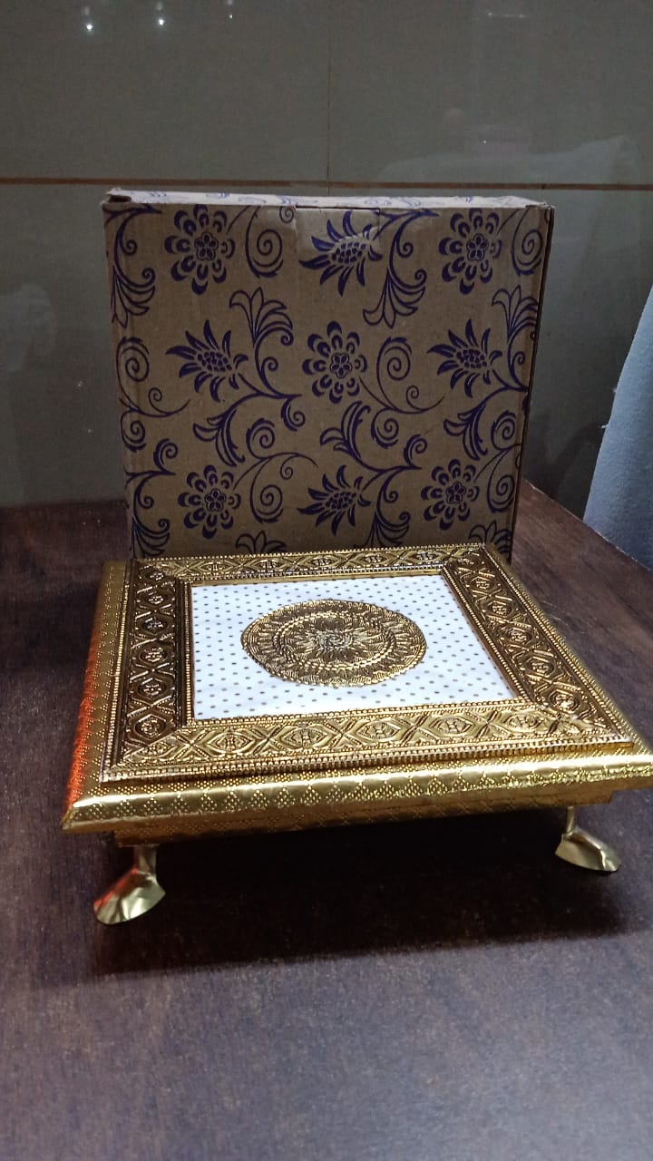 Golden - Square Pooja Chowki Patla / Bajot (20×20 CM / 1 Pc) Your Brand