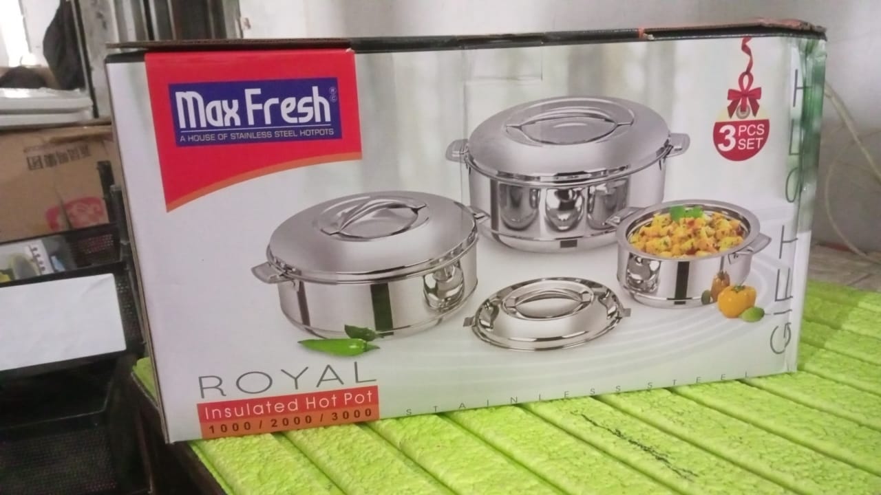 Royal Unique Hot Pot Stainless Steel Insulated Serving Casserole with Lid & Handle (3 pcs Set) Your Brand