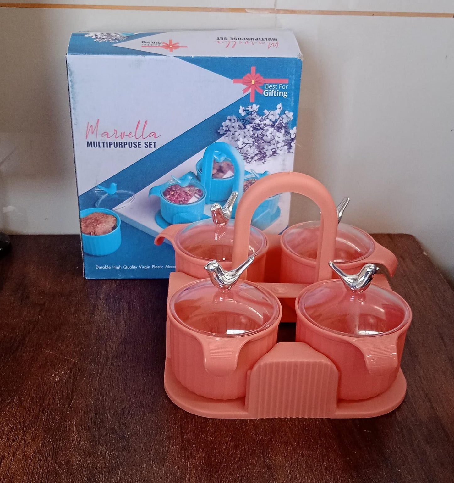 Multipurpose Silver Sparrow, Jar Dry fruit Set, for Home and Kitchen Airtight Dry Fruit Plastic Storage Container Tray Set With Lid & 4 Serving Jar Container for Sweets, Chips, Cookies | (4 Pc Set) Your Brand