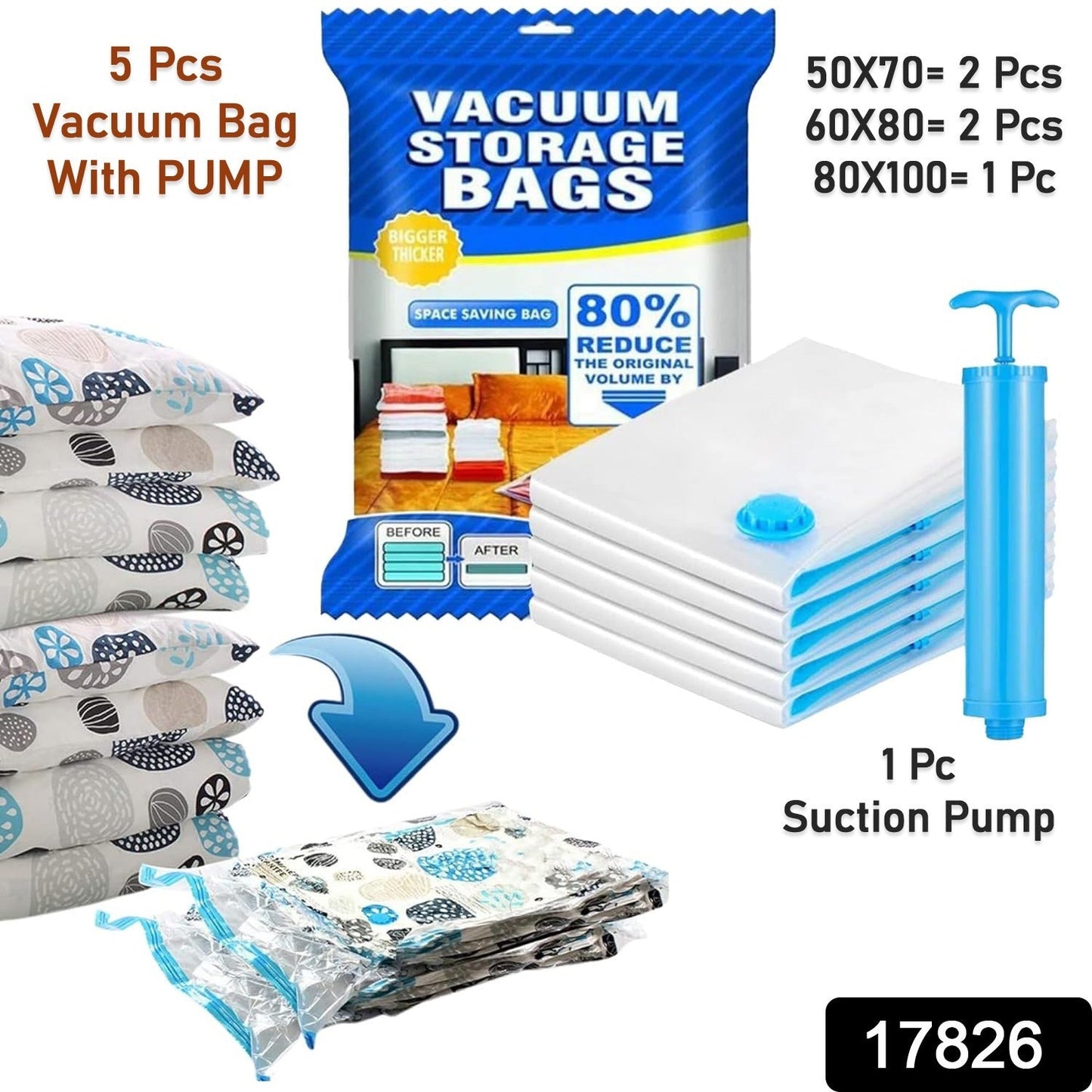 RMB Vacuum Bag – Space Saver Compression Sealer Bags with Manual Pump (Pack of 5) shopbyte