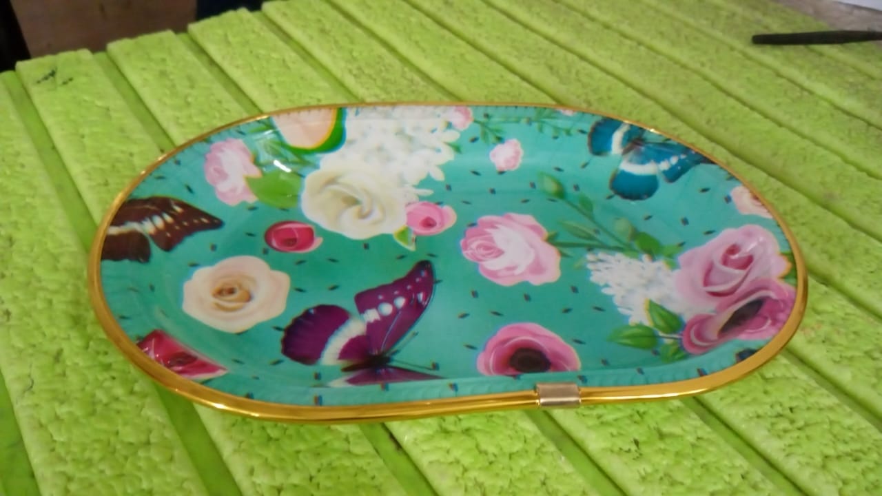 Small Plastic Flower Printed Design Serving Tray (1 Pc / 27 x 18 CM / Mix Color) Your Brand