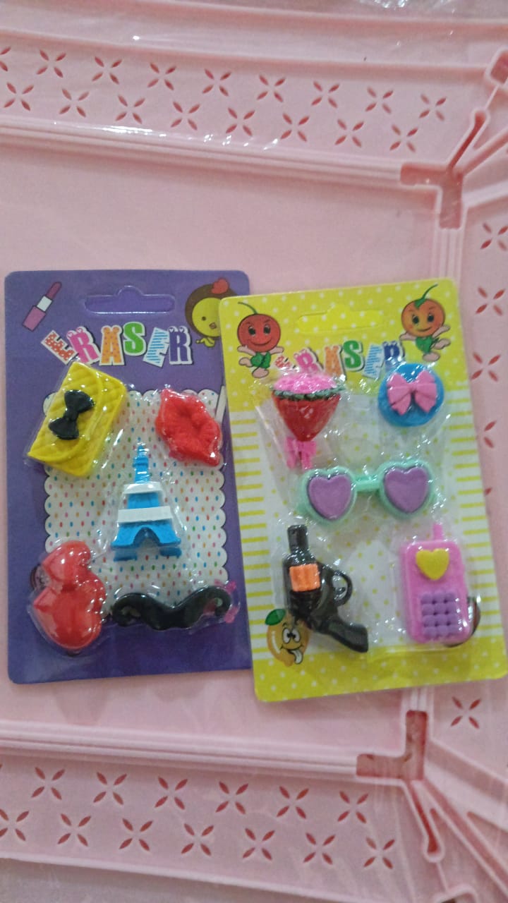 Mix Design 1 Set Fancy & Stylish Colorful Erasers for Children Different Designs & Mix, Eraser Set for Return Gift, Birthday Party, School Prize (1 Set) Your Brand
