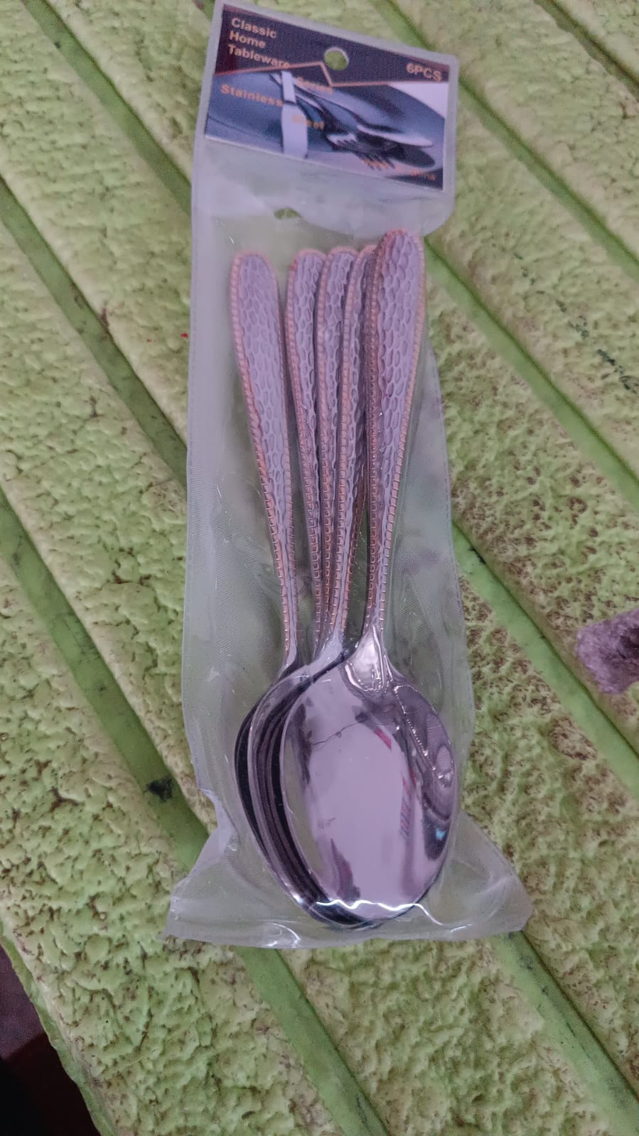 Stainless Steel Gold Bordered Textured Spoons Gold Plated Handle Set of 6 Pc Your Brand