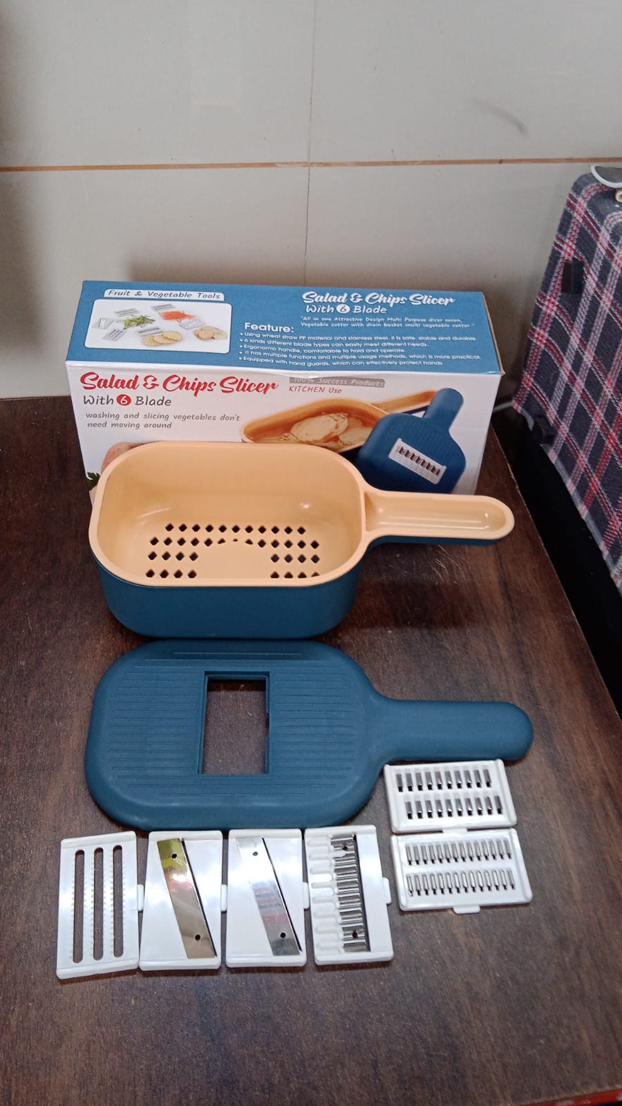 Vegetable Slicer Cutter - 6 Blades Kitchen Accessories, Tools & Appliances with Container & Handle (1 Set) Your Brand