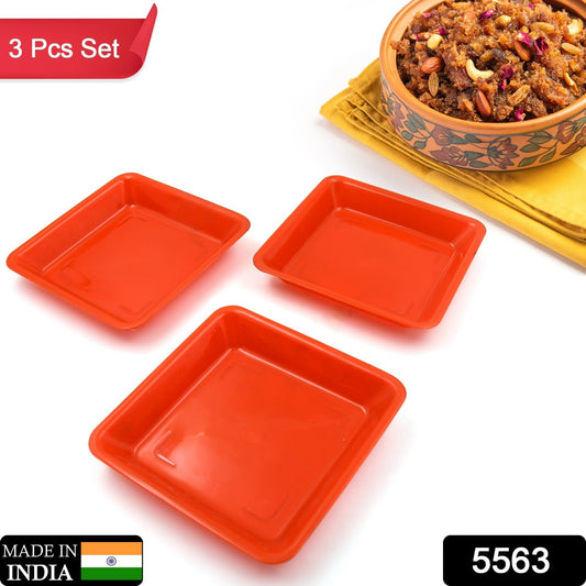 Square Plastic Halwa Dinner Plate Snacks Tray Set for Home Office 3 Pcs