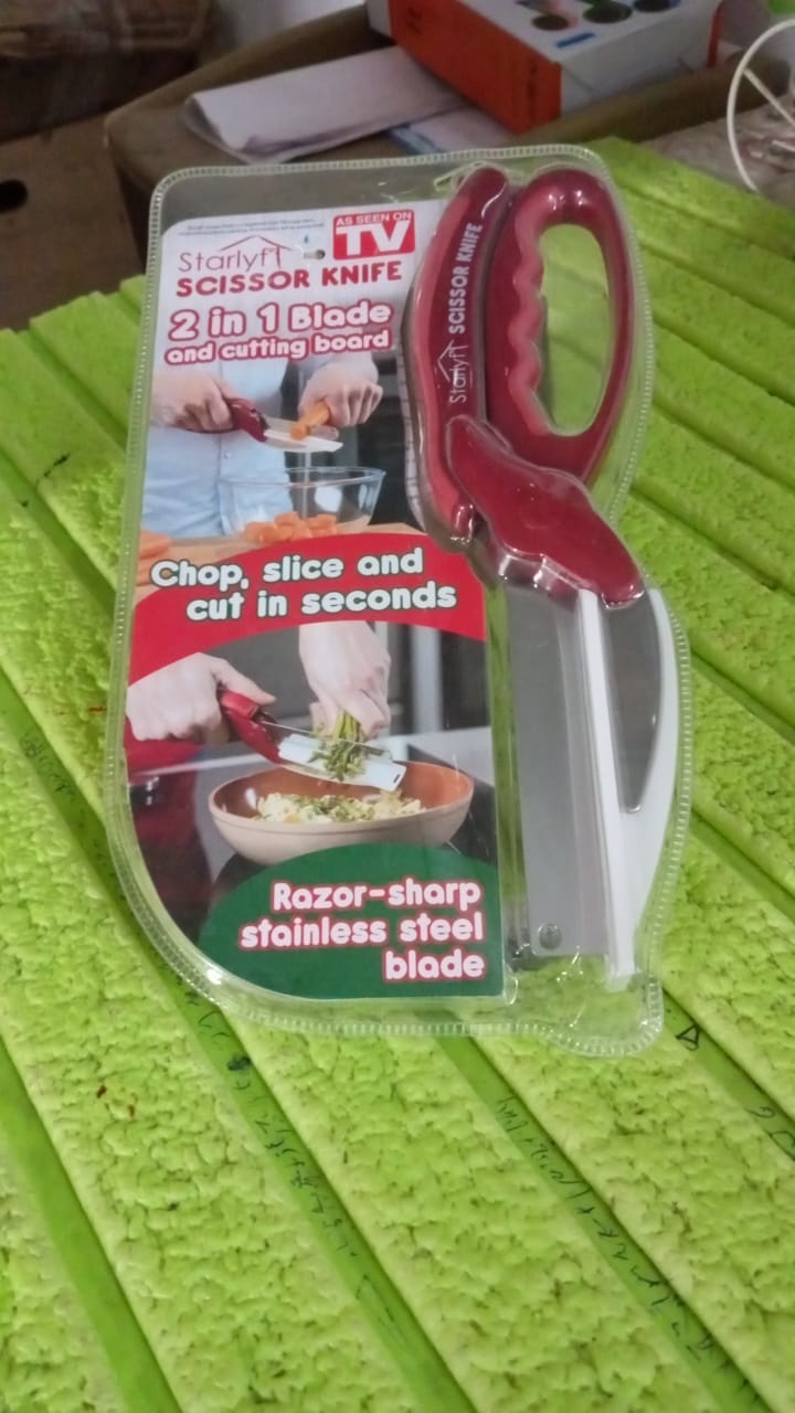 2 in 1 Kitchen Knife Scissor with Spring Locking Hinge and Chopping Board (1 Pc / With Card Packing) Your Brand