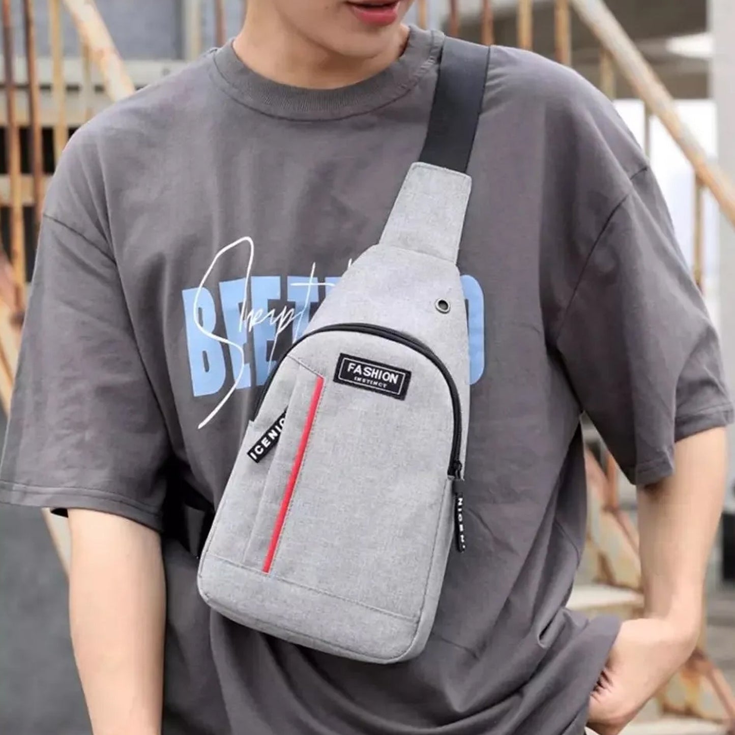 0323 Grey Waterproof Anti Theft Crossbody Fanny Pack Waist Bag Pu Leather Shoulder Bags Chest Men Casual Fashion Usb Charging Earphone Hook Sling Travel Messengers Bag Wukusy