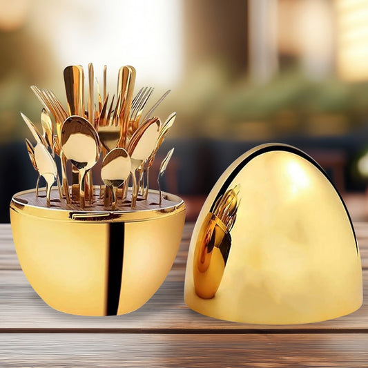 Premium Cutlery Set 24 Pcs with Oval Shaped Stand | Beautiful Stylish Oval Designed Cutlery Sets, Egg-Shaped Luxury Spoon Holder Set  (Golden / 24 pcs set) Your Brand