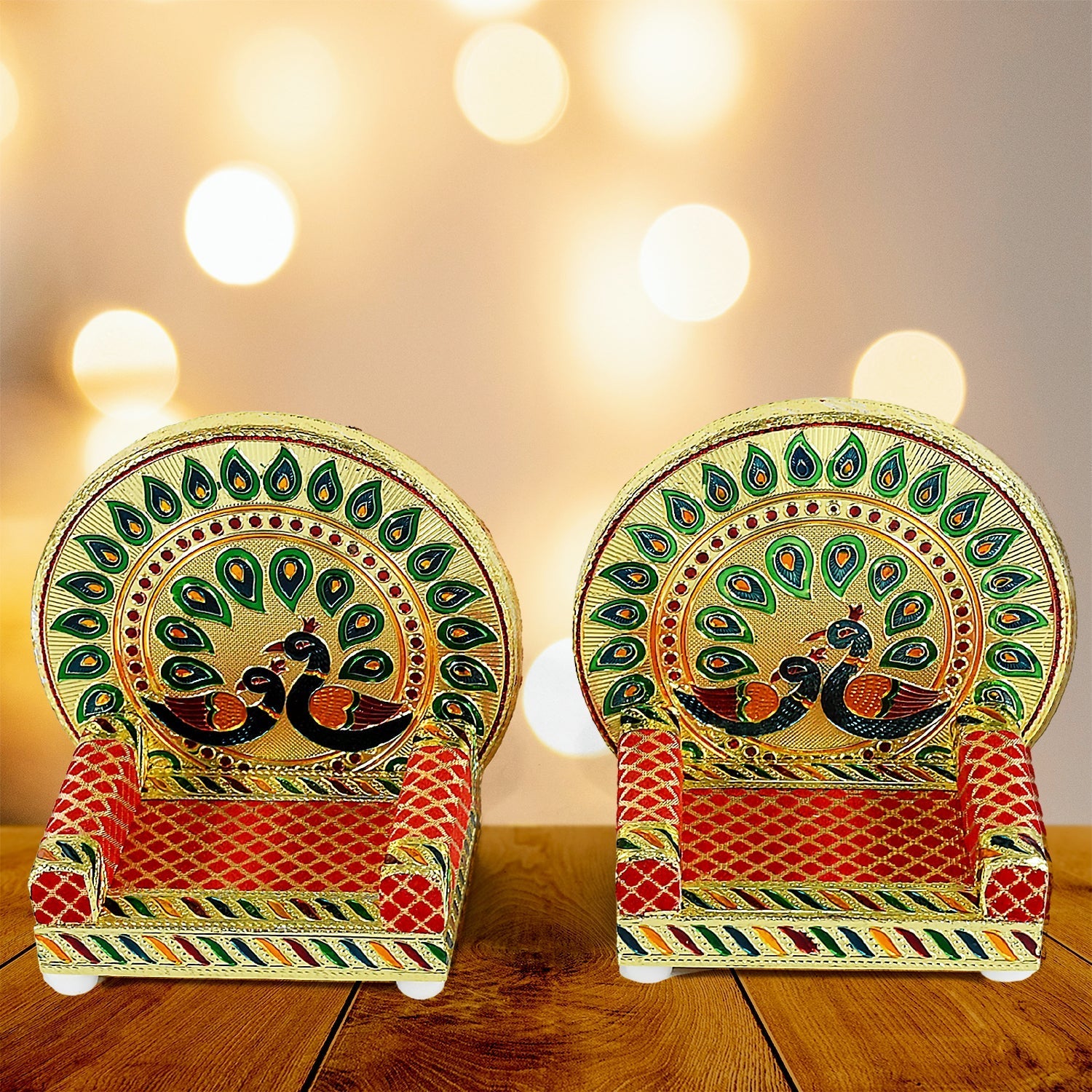Meenakari Work Laddu Gopal Singhasan for Pooja Mandir Wooden Krishna Ladoo Bal Gopal Sofa Asan, Home Decorative Premium Look Decorative Singhasan Suitable For Home, Office, Restaurant (2 Pc Set) Your Brand