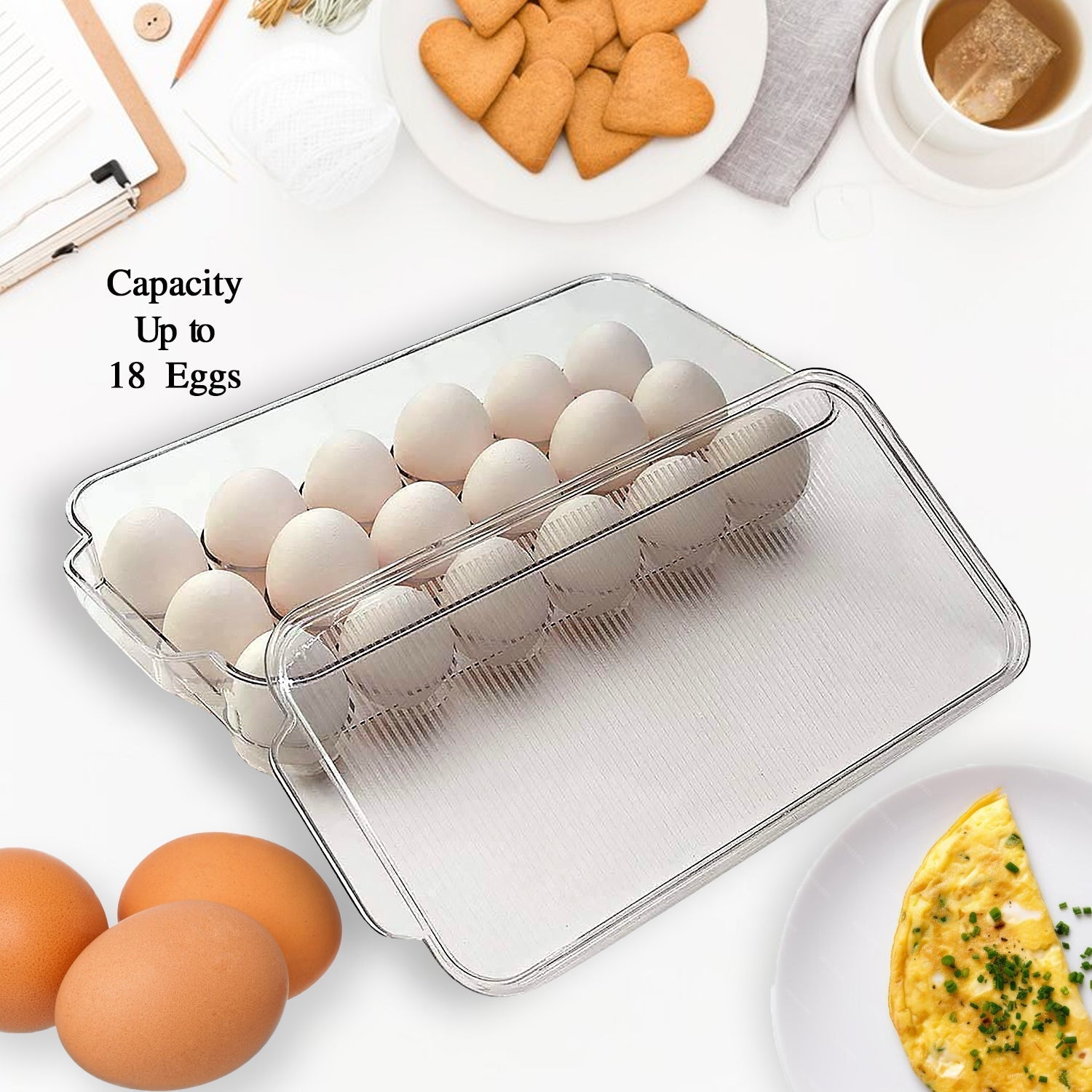 Plastic 18 Cavity Egg Storage Box Or Egg Trays For Refrigerator With Lid & Handles High Quality, Rectangular Egg Tray Box For 18 Egg (1 Pc) Your Brand