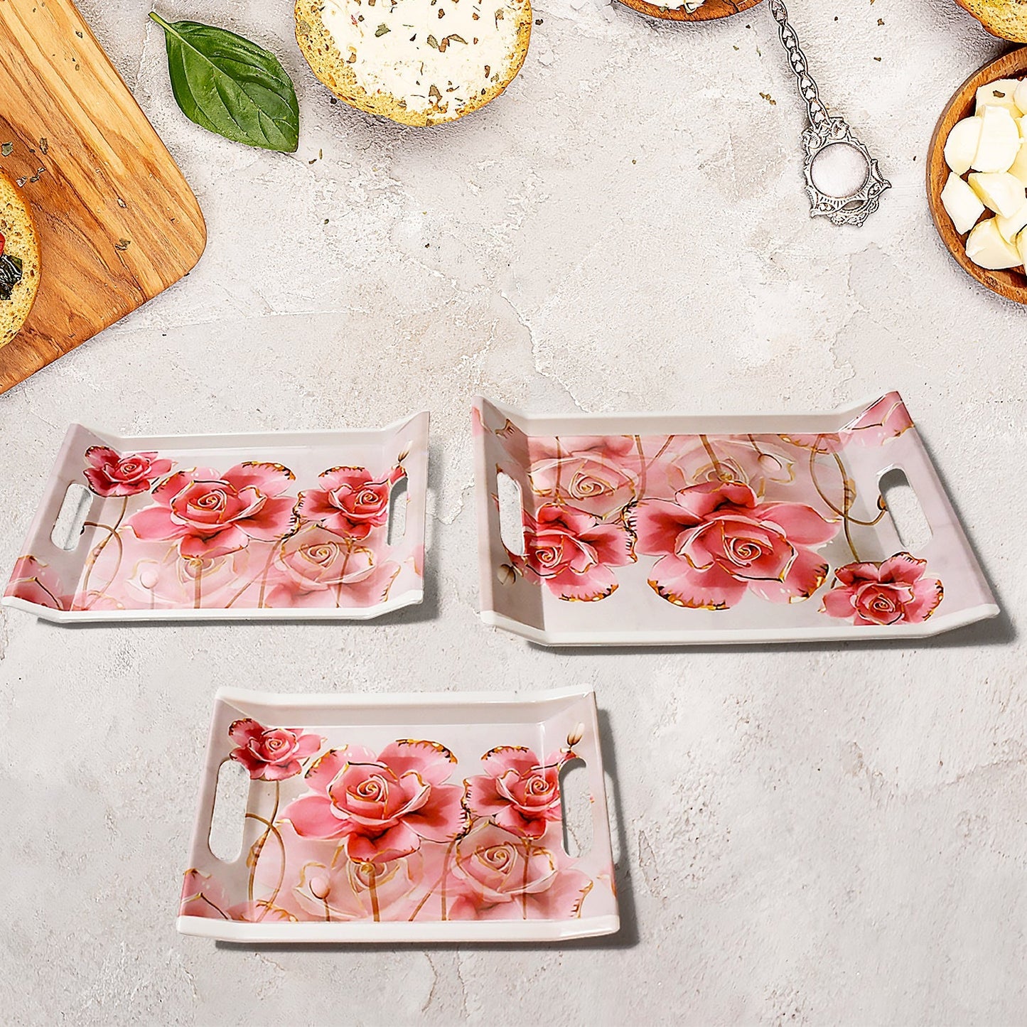Plastic Rectangular Shape Flower Printed Design Serving Tray 3 pcs Home and Kitchen Use (3 pcs set) Your Brand